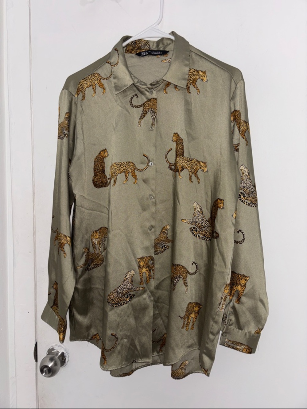 Zara Olive Green Leopard Print Button-Down Shirt